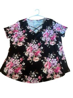 Crisscross Floral V-Neck Top - Pink & Lavender on Black size 2X